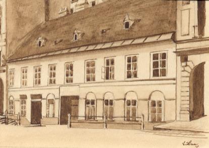 Geburtshaus K�lblgasse 7, Sepiazeichnung von Leopold Haas, 1951