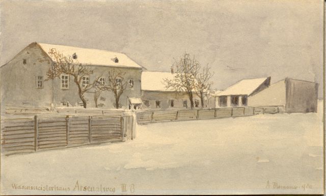 Das Wasenmeisterhaus am Arsenalweg, Aquarell von Adolf Albin Blamauer, 1900