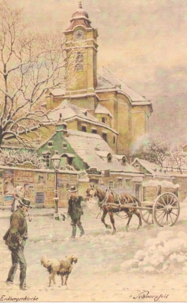 Ansichtskarte (Erdberger Pfarrkirche im Winter) nach einem Aquarell von Karl Schnorpfeil