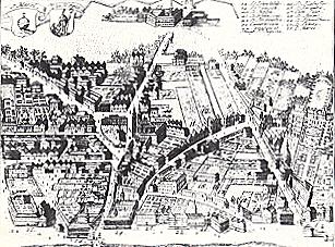 Vogelschau der Vorstadt Landstra�e mit St. Marx aus "Lustra decem Coronae Viennensis ...", 1734 (Ausschnitt)